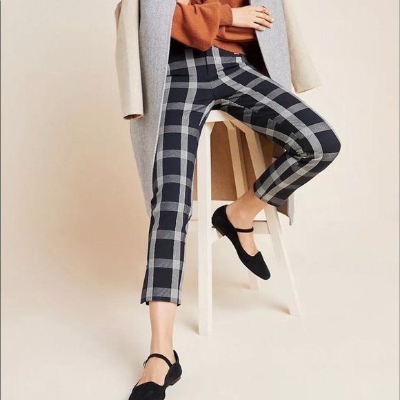 Anthropologie The Essential Slim Trousers Pants Plaid Black White Size 00 Petite - Picture 3 of 15
